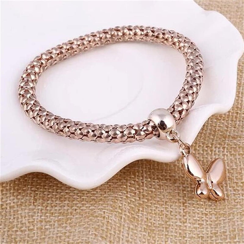 SILANER Crystal Charms Multilayer Bracelets - 3PCS Gold/Silver/Rose Gold Corn Chain Bracelet for Women, Tree of Life Heart Shaped Stretch Bracelet - Image 3